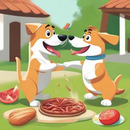 A lively scene of a dog and a cat playfully fighting for a juicy kebab, set in a cheerful backyard. The pets' expressions display their determination and eagerness.