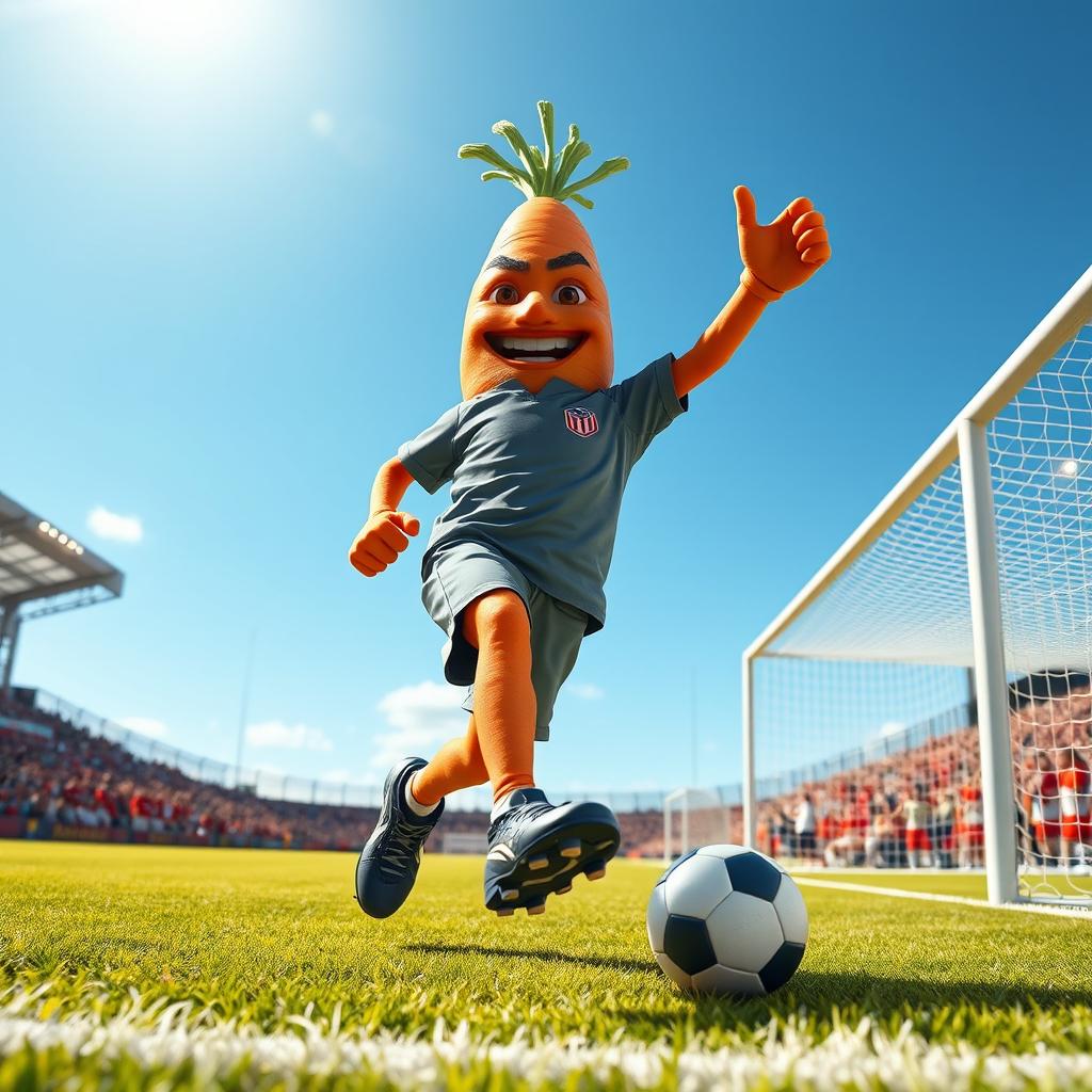 A dynamic and lively scene featuring a realistic carrot character with hands and legs, portrayed as a professional soccer player