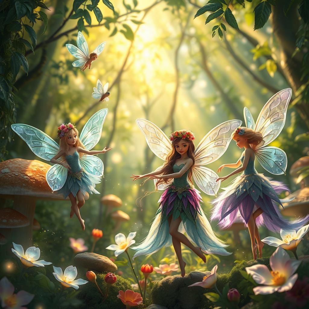 A whimsical scene featuring beautiful, ethereal fairies fluttering in a lush, enchanted forest