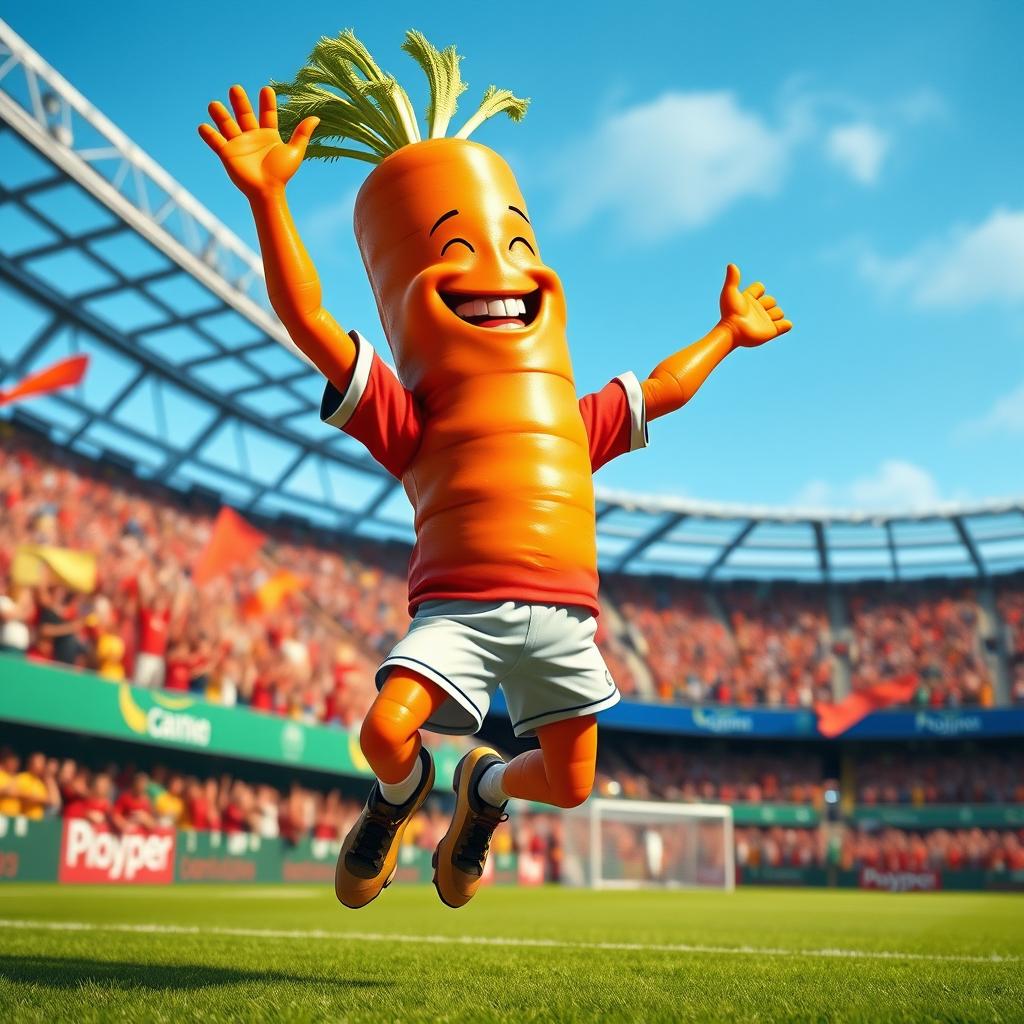 A vibrant and joyful scene featuring a realistic carrot character with hands and legs, depicted as a professional soccer player celebrating a goal