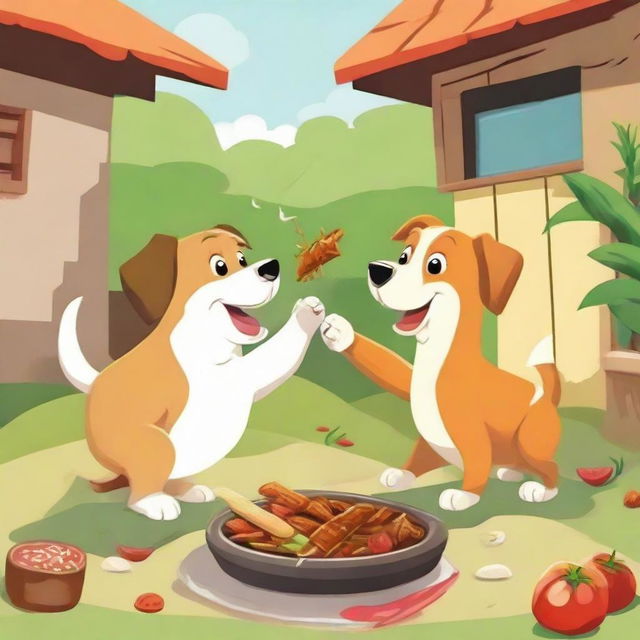 A lively scene of a dog and a cat playfully fighting for a juicy kebab, set in a cheerful backyard. The pets' expressions display their determination and eagerness.