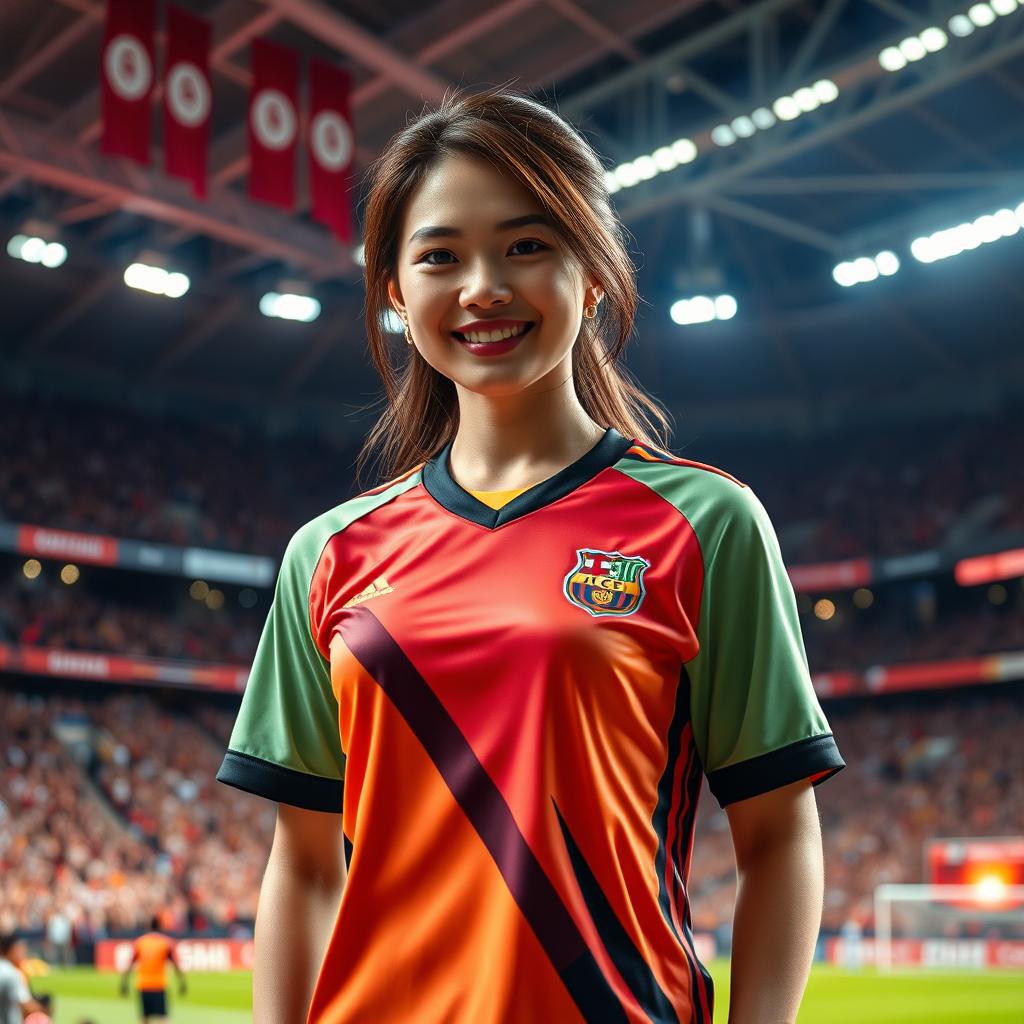 A stunning Asian model wearing a stylish sports jersey, standing confidently in front of a large, vibrant stadium filled with enthusiastic fans