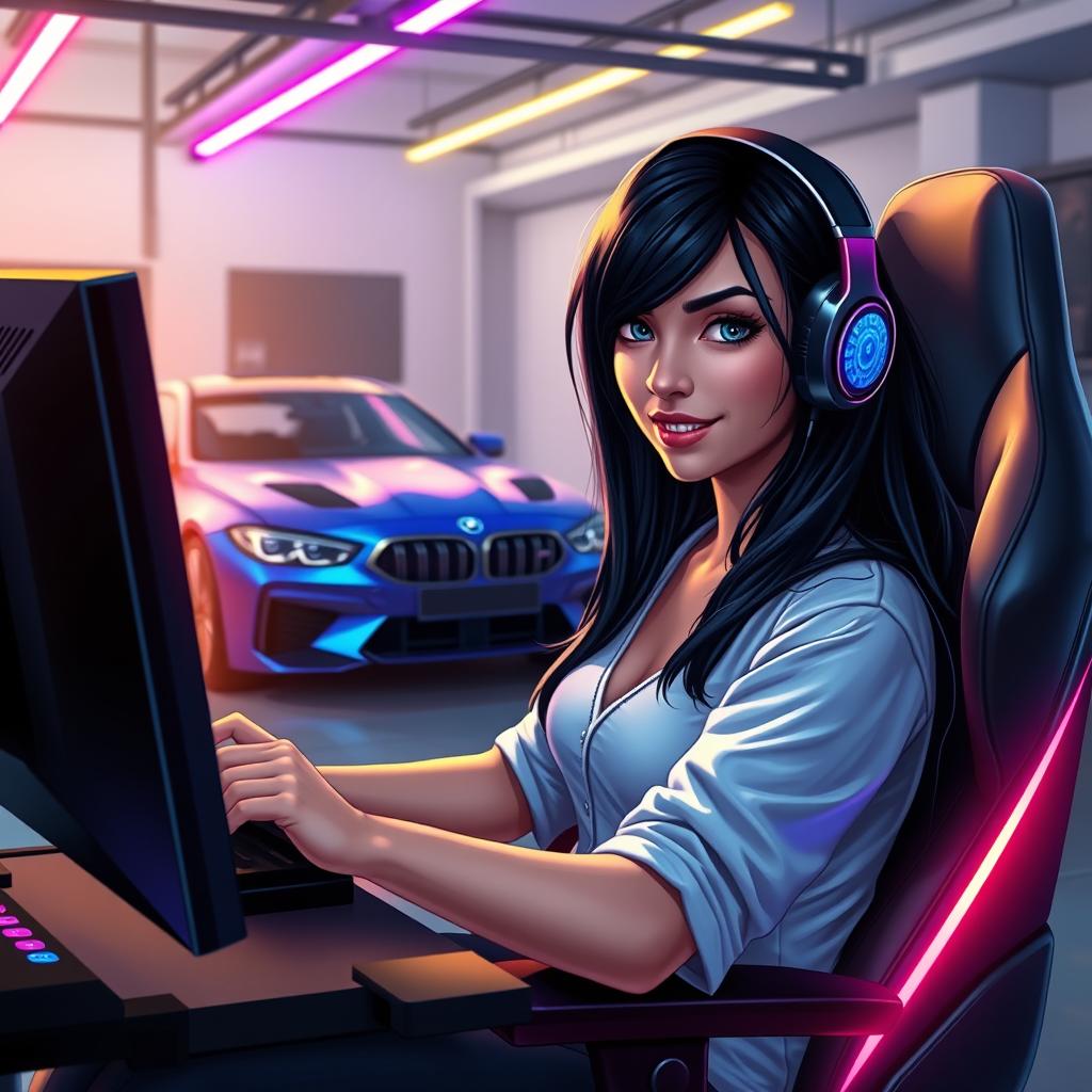 A digital artwork featuring a confident woman with long black hair, intensely focused while playing League of Legends on her gaming PC