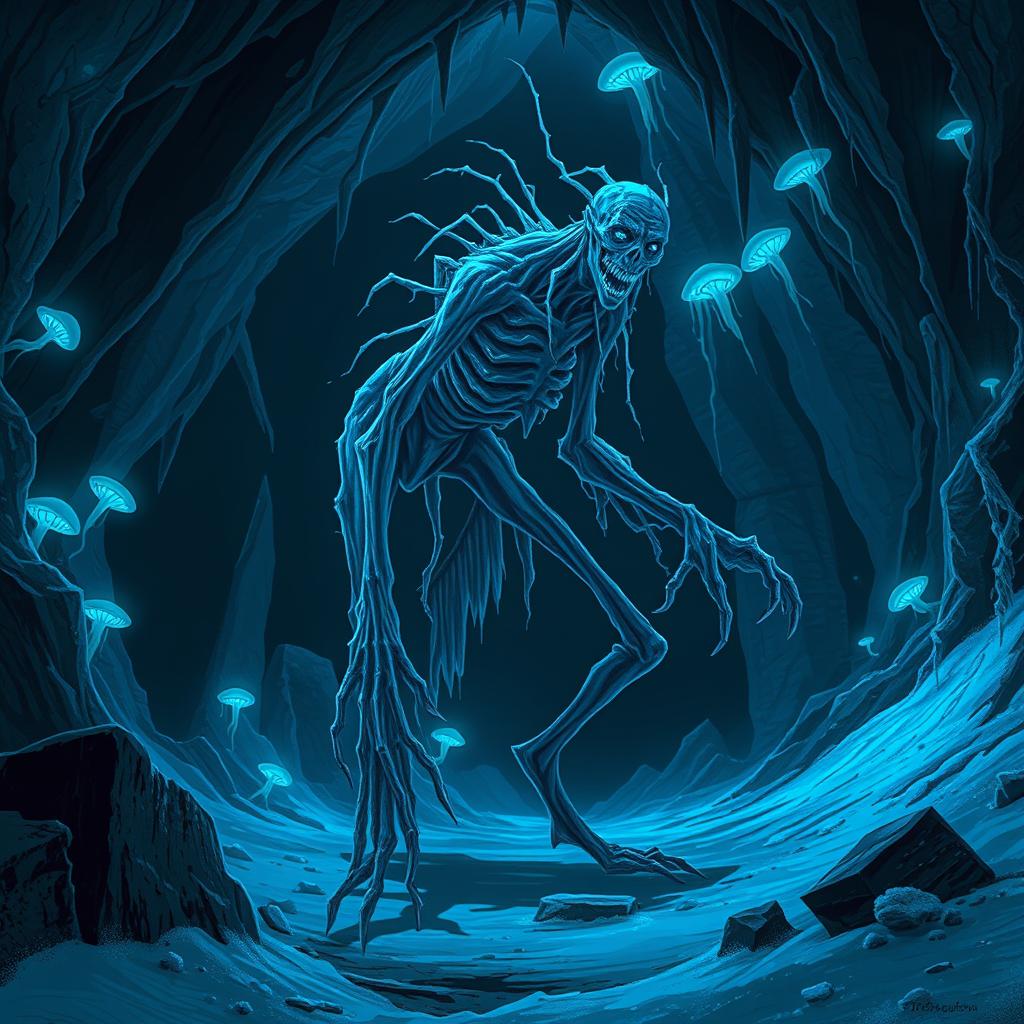A wendingo, a tall, emaciated humanoid figure with web-like, icy skin and sharp, elongated limbs, lurking in a dark cave