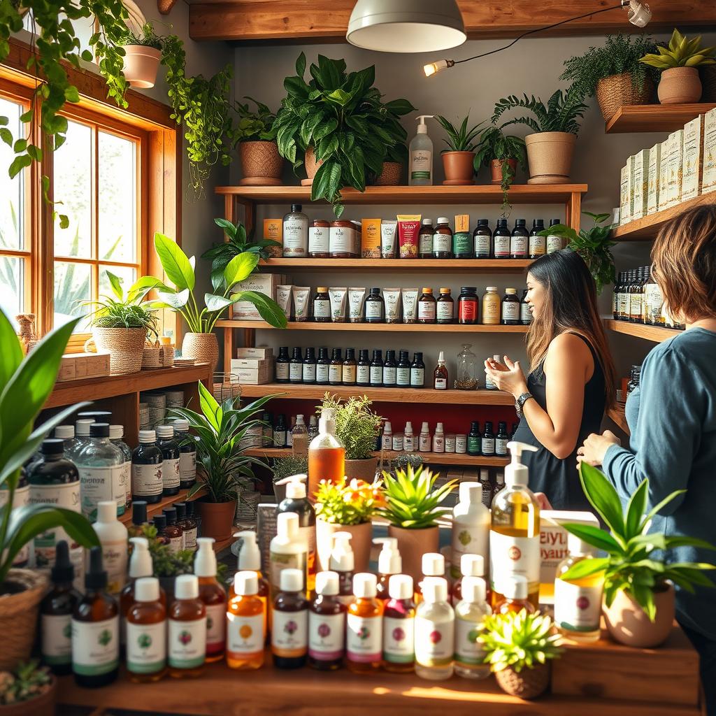 A vibrant and inviting display of natural products for sale, showcasing a variety of herbal remedies, essential oils, organic teas, and natural skincare items