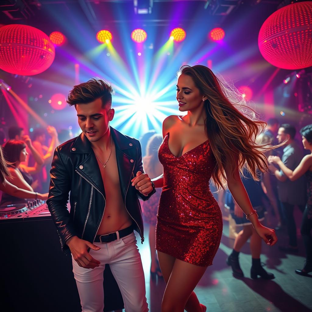A vibrant nightclub scene featuring two stylish individuals dancing under a dazzling array of colorful lights