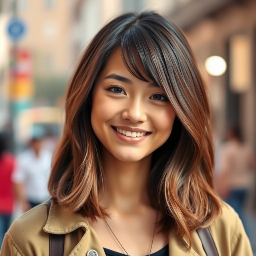 A stylish and modern profile picture featuring a confident young adult with shoulder-length hair and a warm smile
