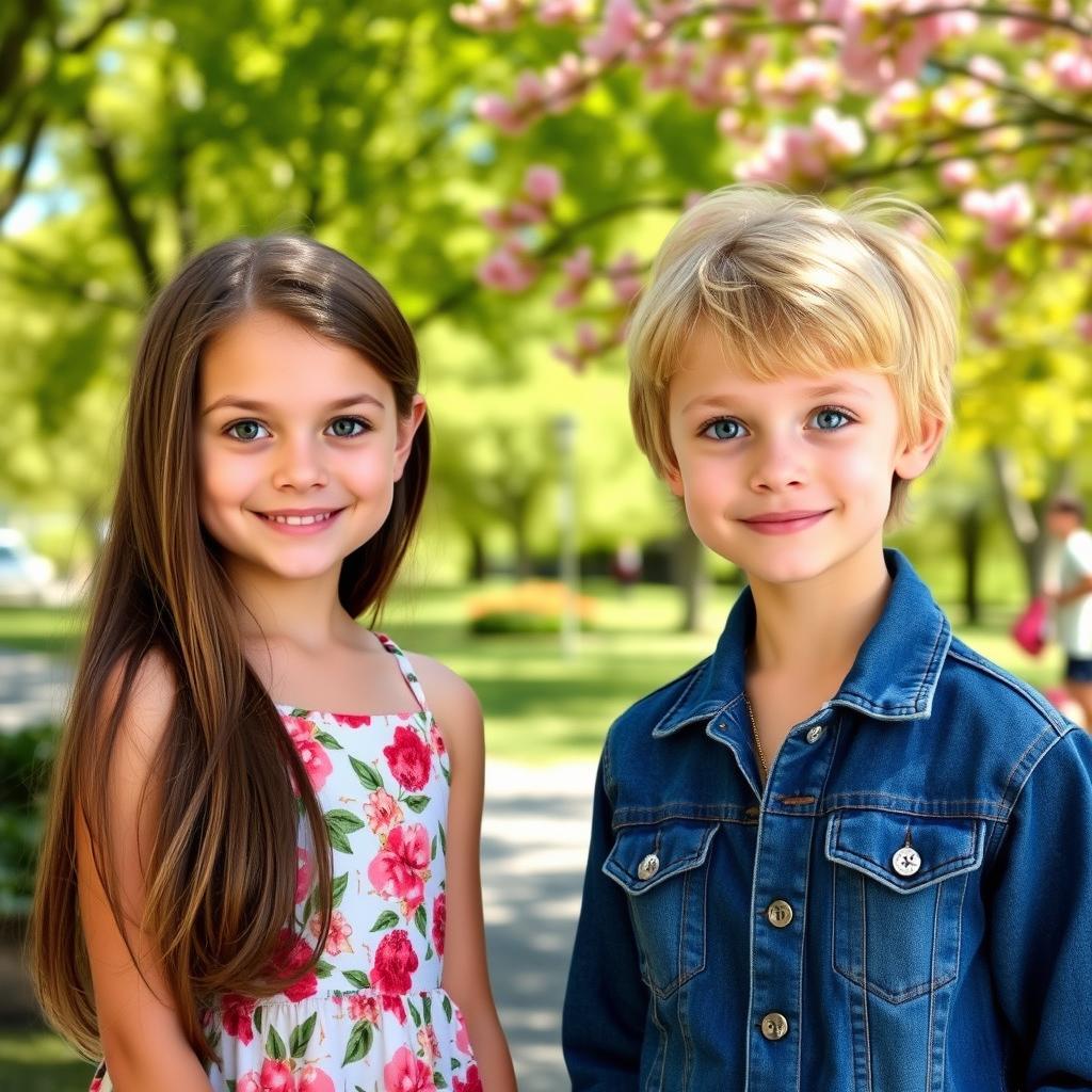 Two girls, one with long brown hair and green eyes wearing a floral sundress, the other with short blonde hair and blue eyes in a denim jacket, standing face to face with their facial features swapped