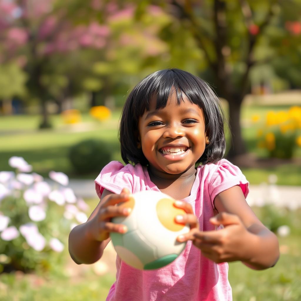 A joyful and playful young black girl with short, straight hair, happily playing with a small ball outdoors