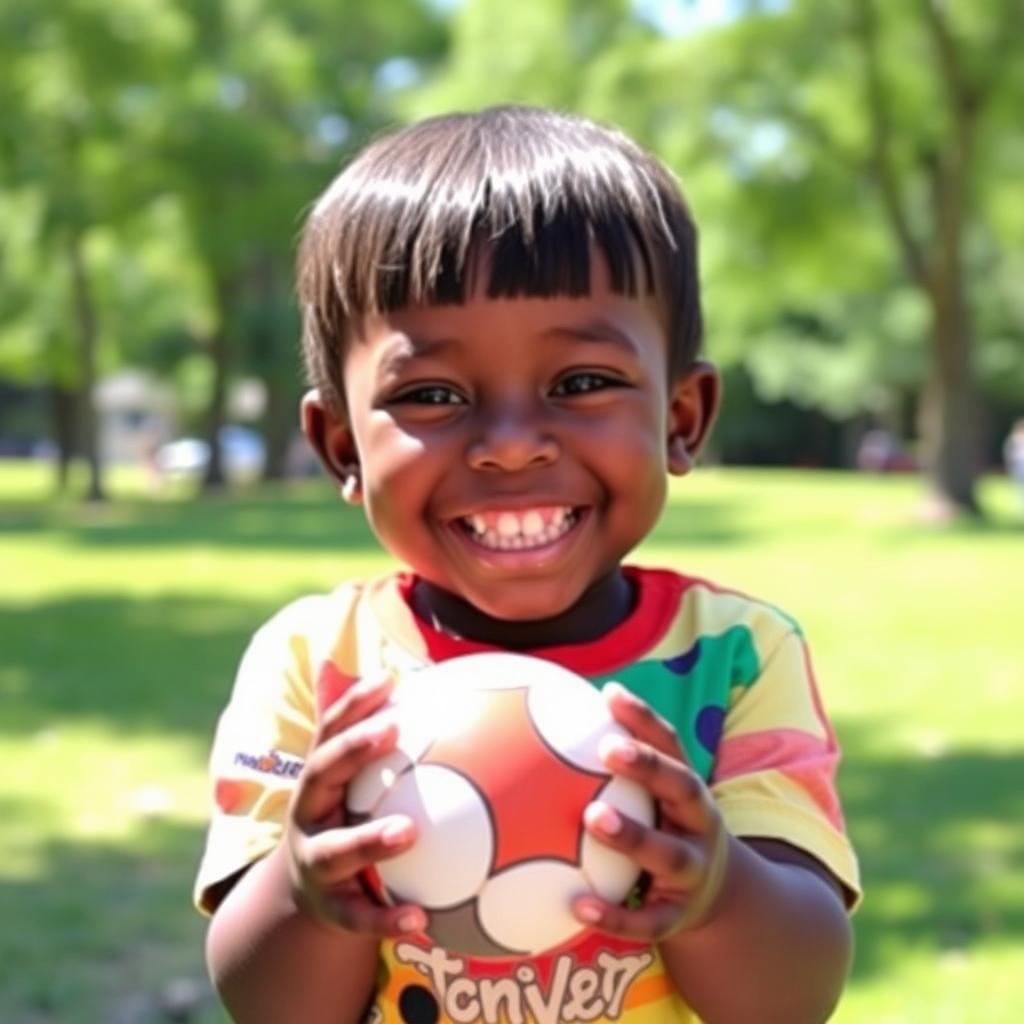 A playful and smiling black child with short, straight hair, joyfully holding a small ball in their hands