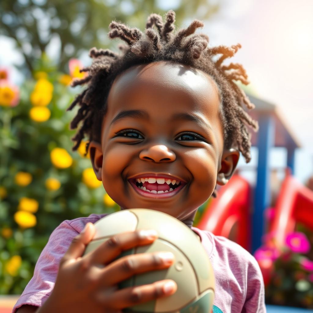 A cheerful, playful black child with short hair, radiating joy while holding a small ball