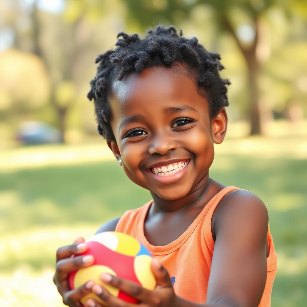 A cheerful and playful 7-year-old Black girl with short hair, smiling joyfully while playing with a small colorful ball