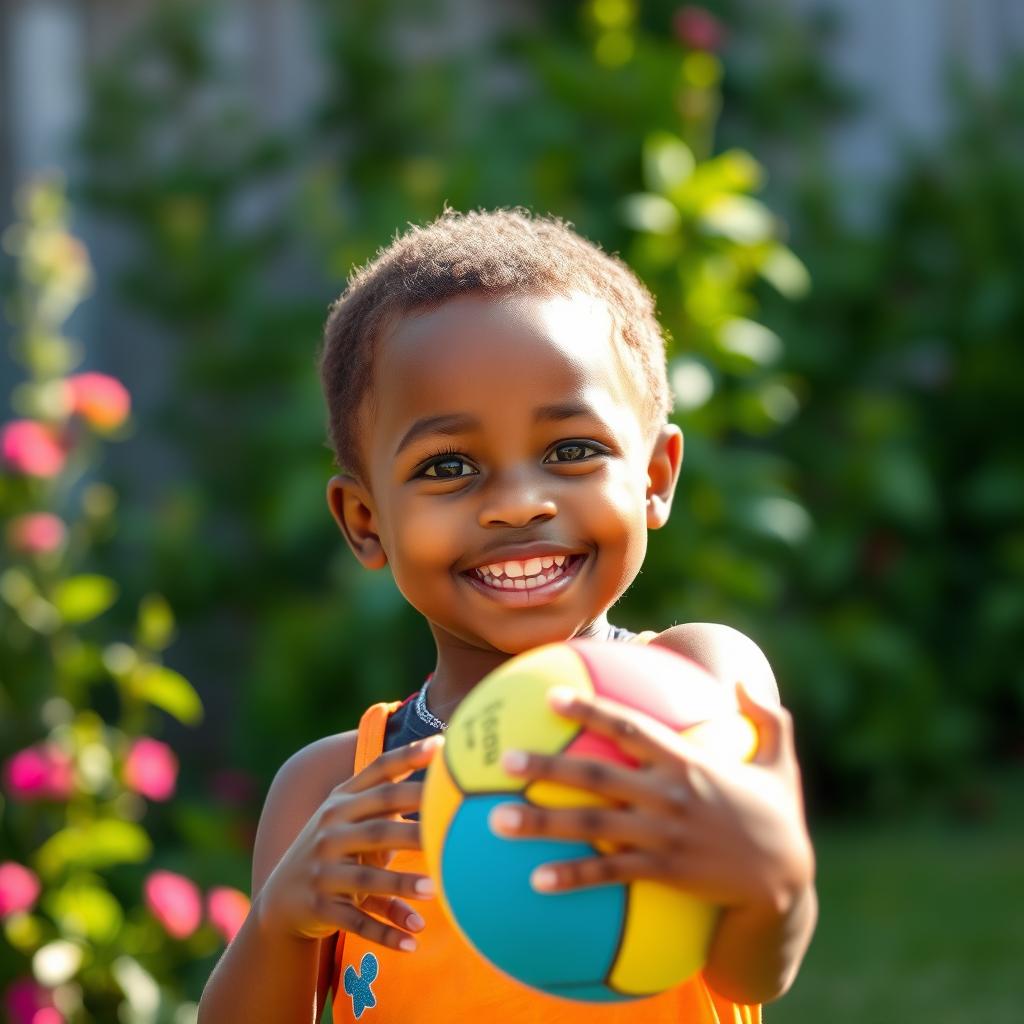 A joyful 7-year-old Black girl with short hair, playfully smiling as she holds a colorful ball