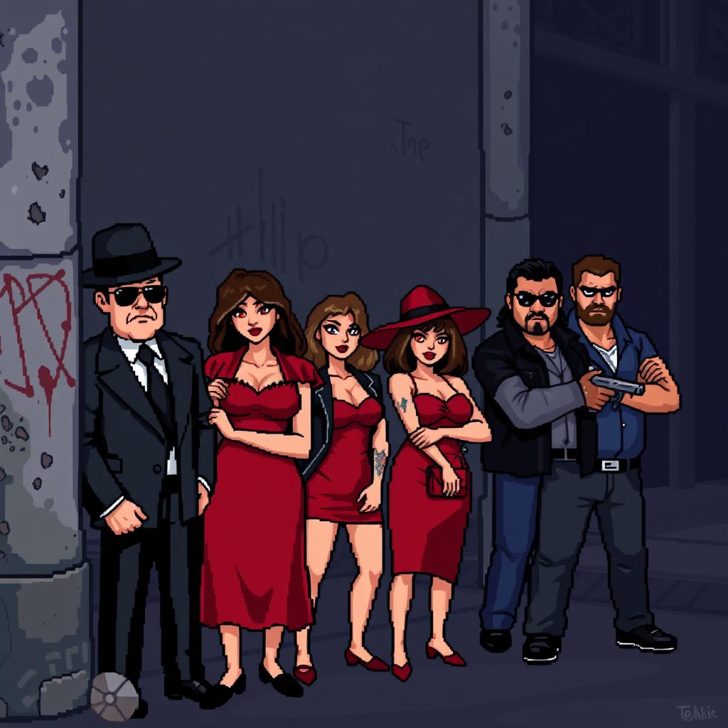 A pixel art scene depicting a Mafia gang lined up behind a wall