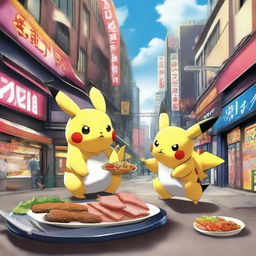 An intriguing scene of Pikachu and Kiryu Kazuma locked in a lively competition for a delicately skewered kebab. They are located in an urban setting that fuses elements from Pokemon and Yakuza universes.