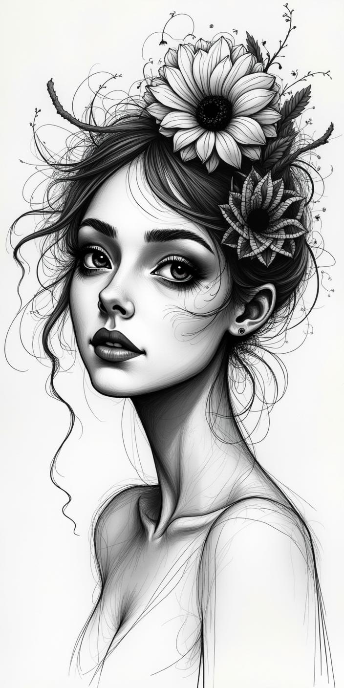 A woman with exaggerated facial features captured in a black and white sketch, incorporating the unique stylistic elements of the Northwest School