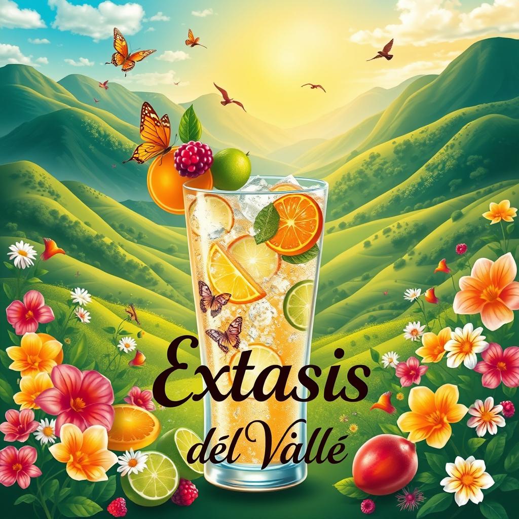 A vibrant and colorful illustration for a beverage label titled 'Éxtasis del Valle'