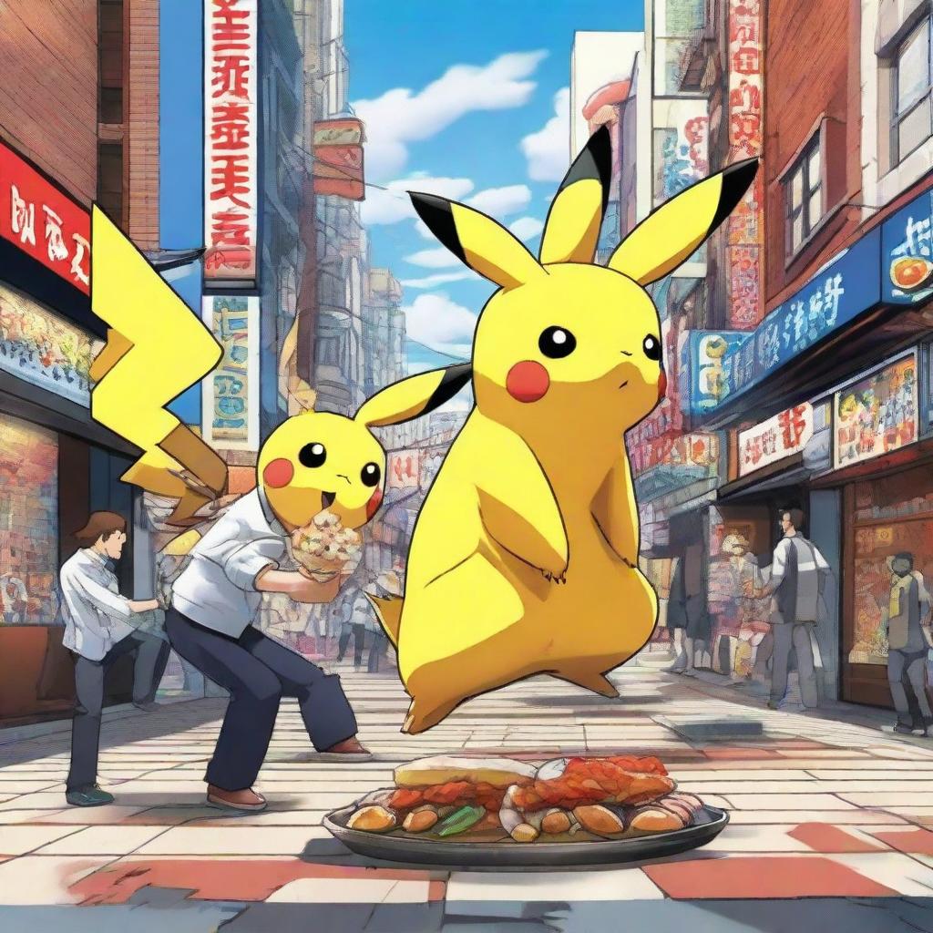 An intriguing scene of Pikachu and Kiryu Kazuma locked in a lively competition for a delicately skewered kebab. They are located in an urban setting that fuses elements from Pokemon and Yakuza universes.