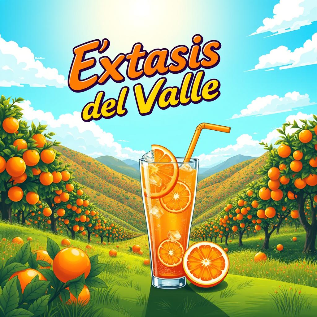 A vibrant and colorful comic-style illustration for a beverage called 'Éxtasis del Valle', featuring an orange flavor