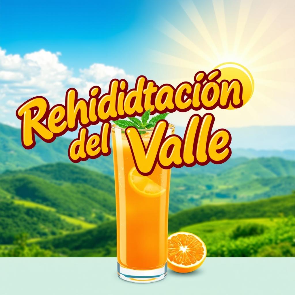 A vibrant and eye-catching vignette for a beverage called 'Rehidratación del Valle' with a bright orange flavor