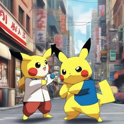 An intriguing scene of Pikachu and Kiryu Kazuma locked in a lively competition for a delicately skewered kebab. They are located in an urban setting that fuses elements from Pokemon and Yakuza universes.