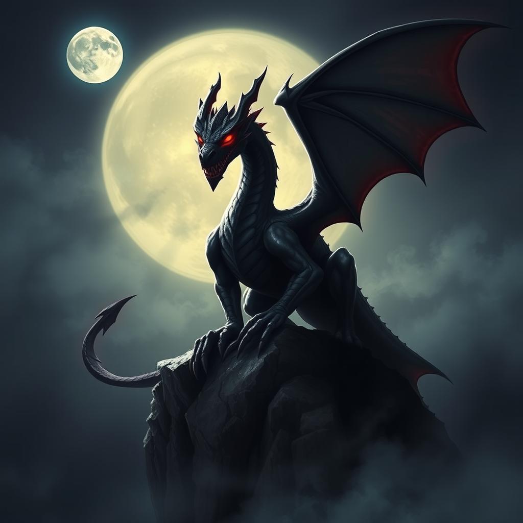 A menacing Shadow Dragon with sleek, black scales that shimmer slightly in the dark