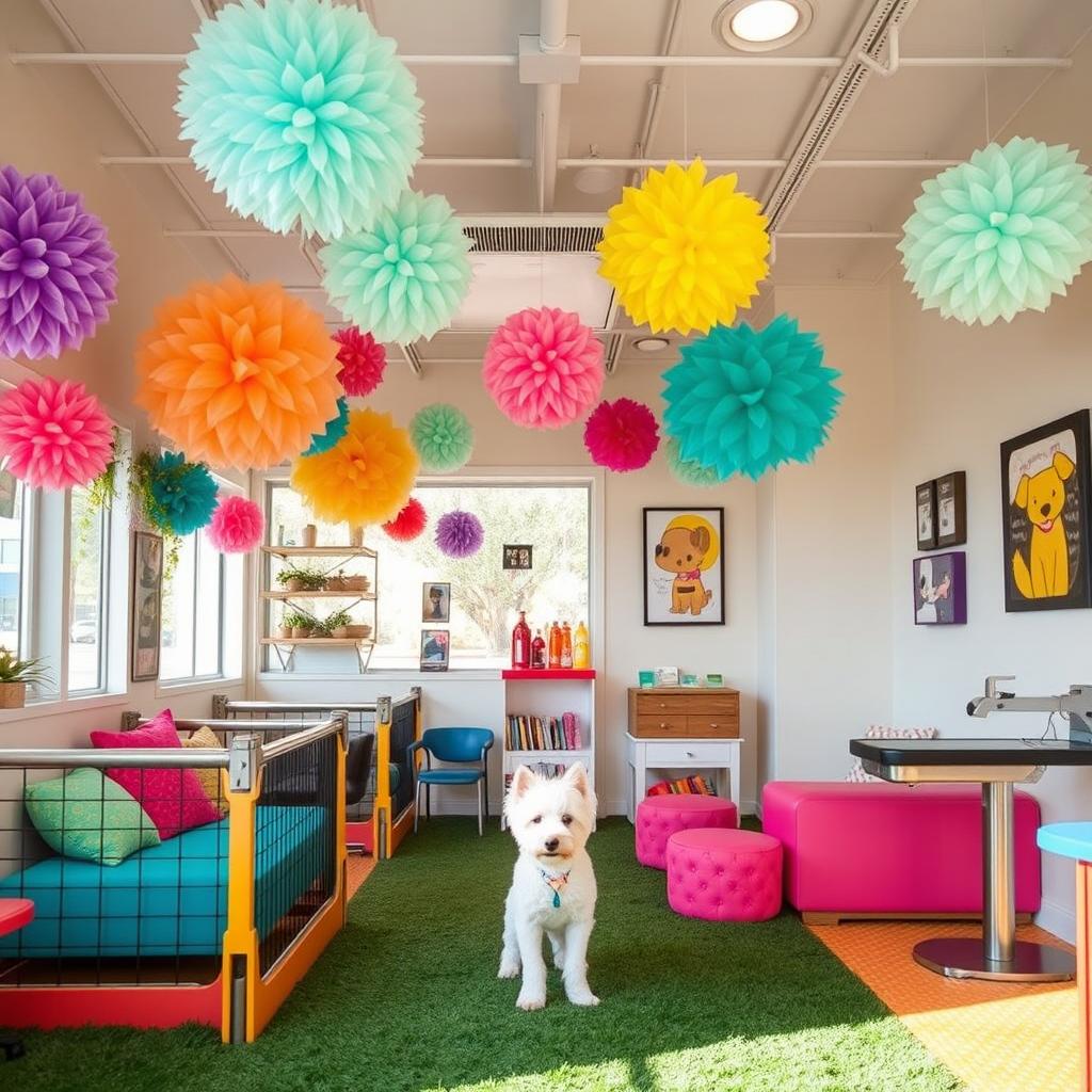 A small dog grooming business interior featuring vibrant decorations with puffs in various colors, artificial grass flooring, and playful corrals