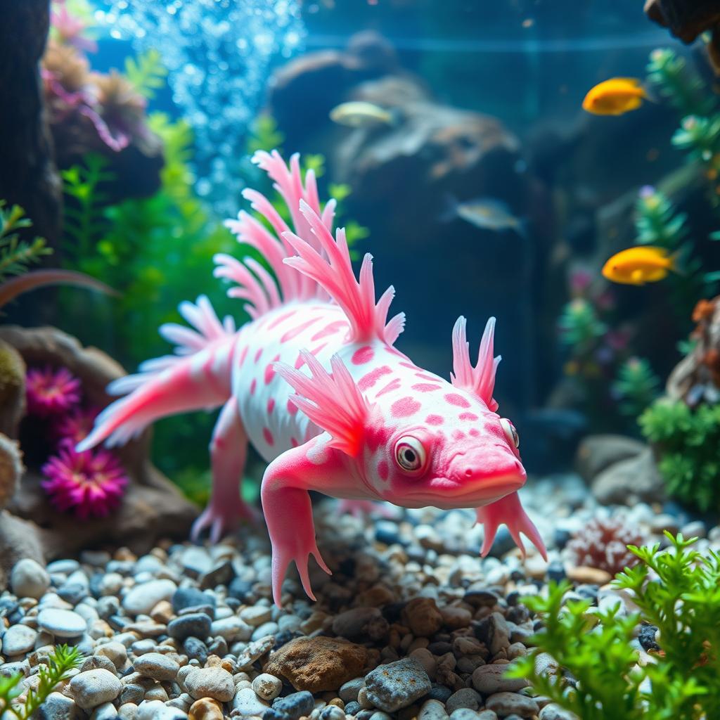 A majestic axolotl in an ethereal underwater setting, its vibrant pink and white skin glowing softly in the ambient light