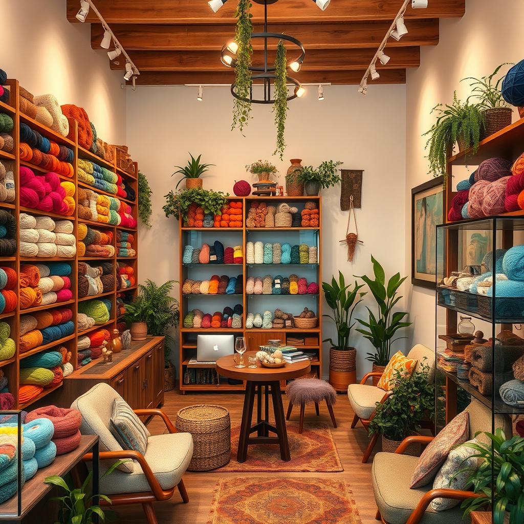 A cozy, bohemian yarn shop designed for selling colorful yarns and hosting group workshops