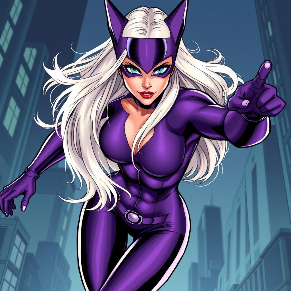 A serious woman with long white-platinum hair and striking blue eyes, wearing a form-fitting purple Catwoman suit