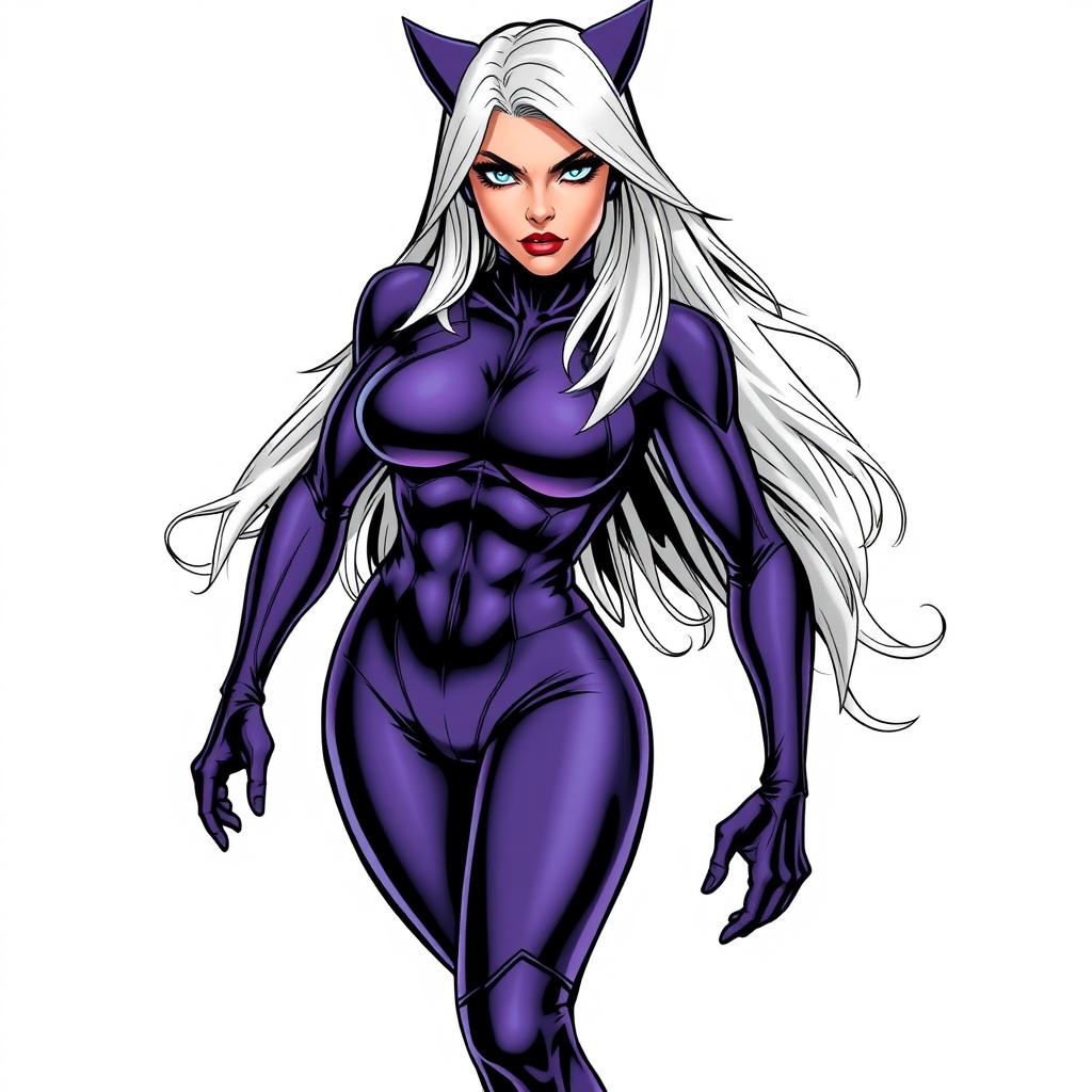 A full-sized comic book style illustration of a woman with long white-platinum hair and striking blue eyes