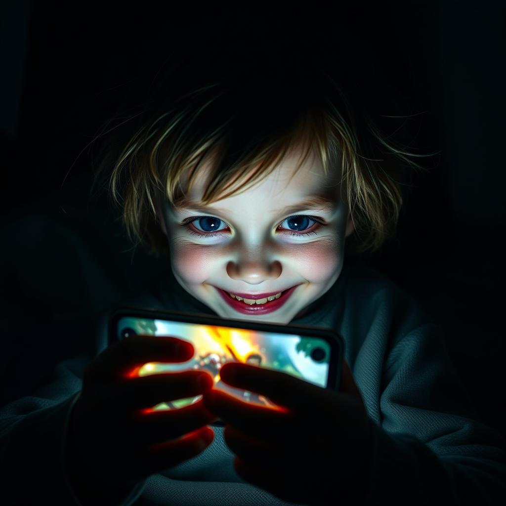 A young child with an eerie, unsettling smile, intensely focused on playing a mobile phone game