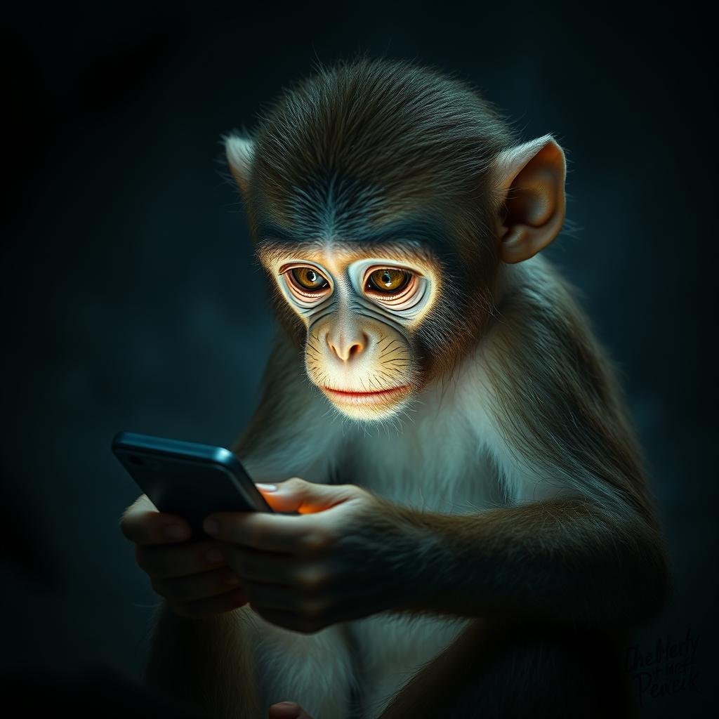 A surreal and eerie scene featuring a monkey sitting in a strange, eerie environment, focused intently on a mobile phone