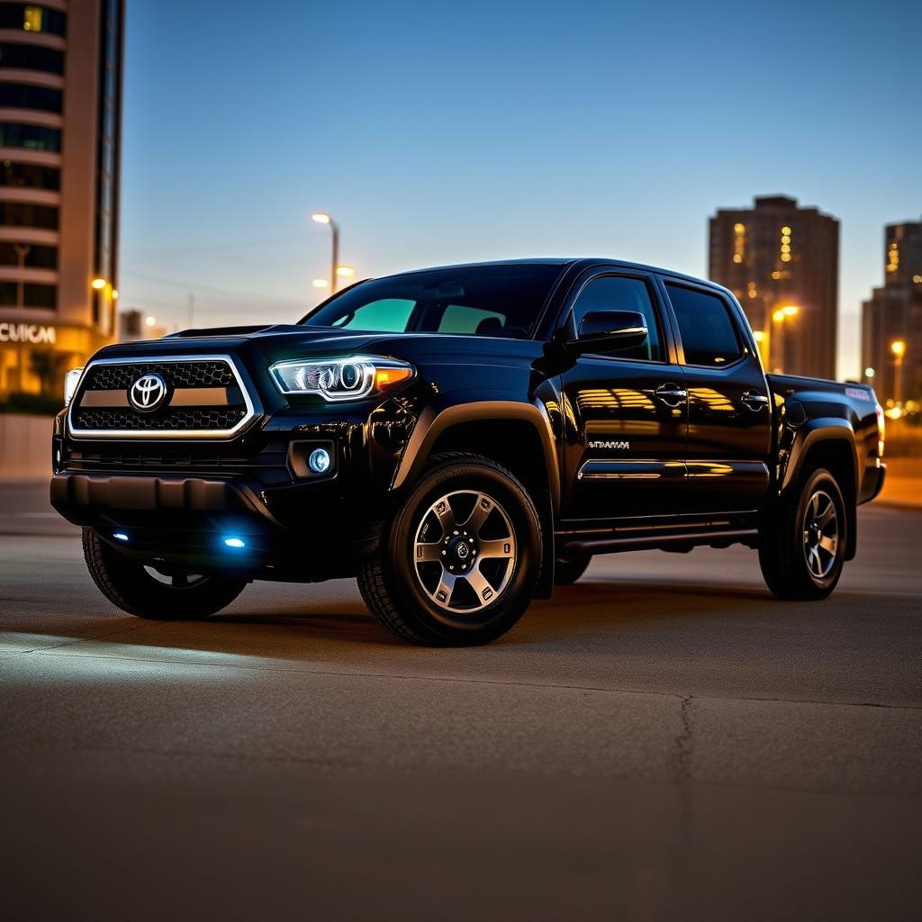 A sleek black 2015 Toyota Tacoma with four doors, featuring bright LED lights and stylish aftermarket wheels