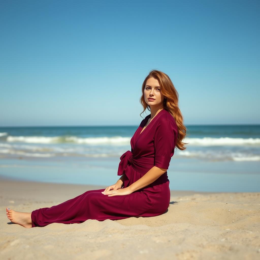 A realistic photograph of a woman sitting on the sand, wearing a wine red ensemble