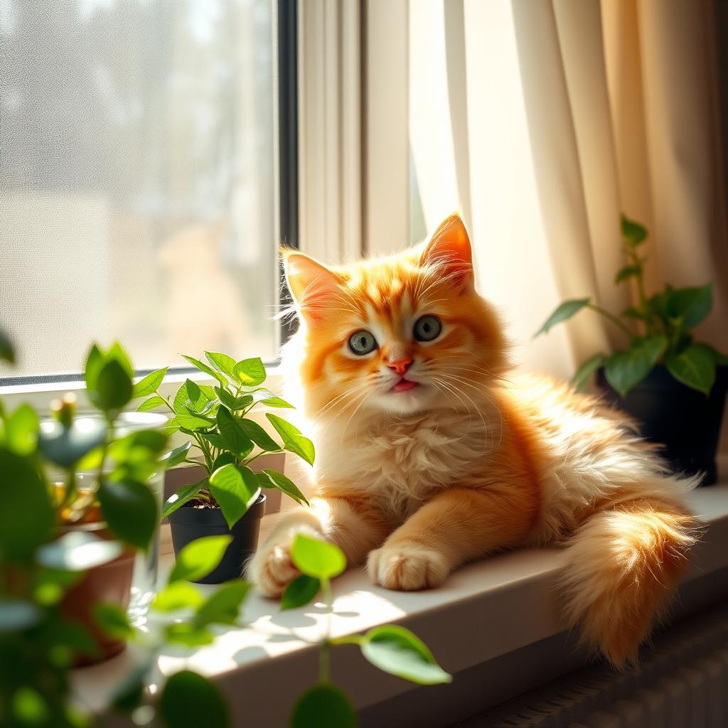 A cute, fluffy yellow cat lounging comfortably on a sunny windowsill, surrounded by green houseplants