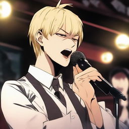 A stirring scene of Denji, from Chainsaw Man, passionately singing 'Baka Mitai' from Yakuza 0 on a pub stage. His expression is intense and the pub has a cozy, dimly lit atmosphere filled with mixed fans.