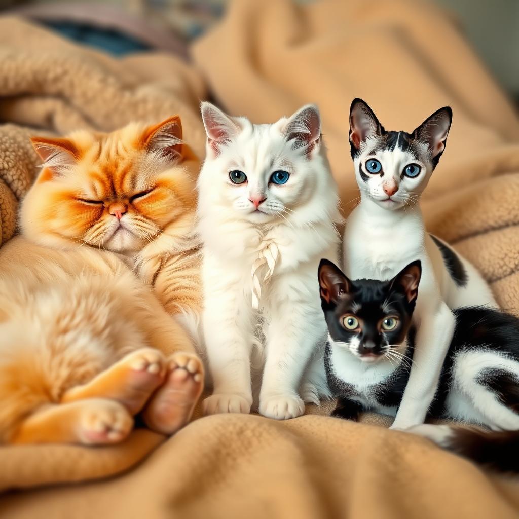 A chubby yellow and white cat lounging comfortably, paired with a fluffy white cat featuring striking blue eyes, and a slim black and white female cat sitting gracefully beside them