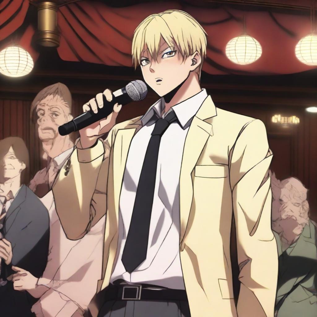 A stirring scene of Denji, from Chainsaw Man, passionately singing 'Baka Mitai' from Yakuza 0 on a pub stage. His expression is intense and the pub has a cozy, dimly lit atmosphere filled with mixed fans.