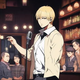 A stirring scene of Denji, from Chainsaw Man, passionately singing 'Baka Mitai' from Yakuza 0 on a pub stage. His expression is intense and the pub has a cozy, dimly lit atmosphere filled with mixed fans.