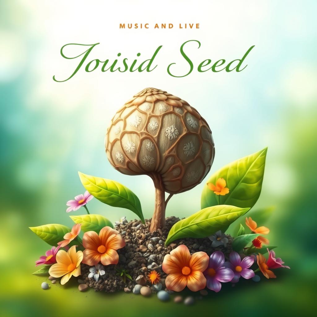 A vibrant and artistic music album cover centered around the theme of a seed