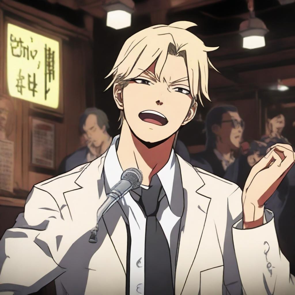 A stirring scene of Denji, from Chainsaw Man, passionately singing 'Baka Mitai' from Yakuza 0 on a pub stage. His expression is intense and the pub has a cozy, dimly lit atmosphere filled with mixed fans.