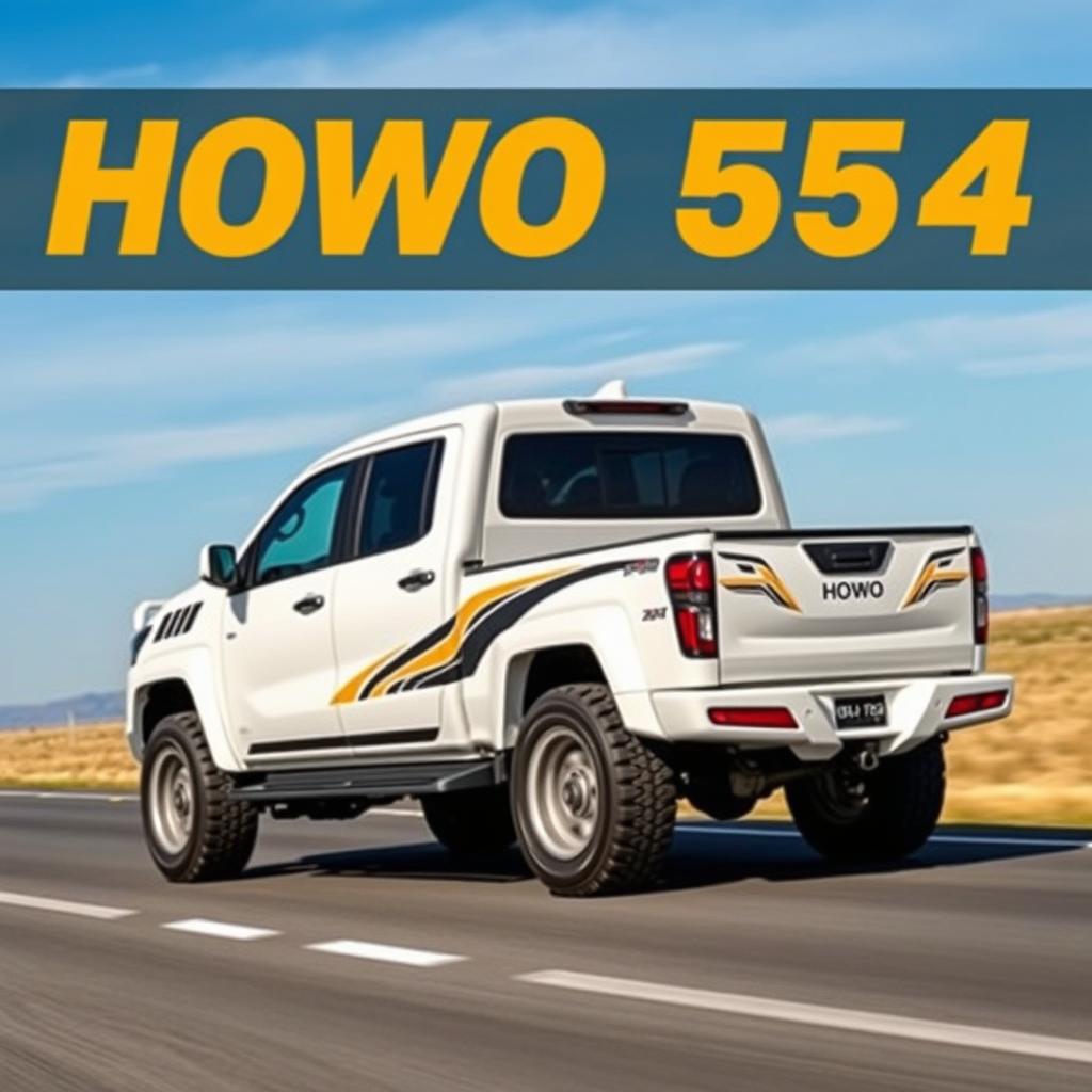 A HOWO T5G 6x4 truck featuring a sleek and modern tuning design, driving along an empty road