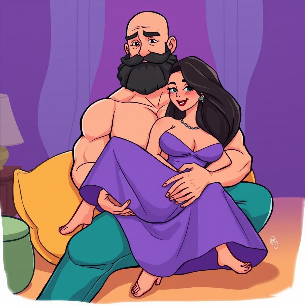 A cartoon style illustration featuring a muscular bald man with a thick beard, sitting comfortably while holding a curvy woman on his lap