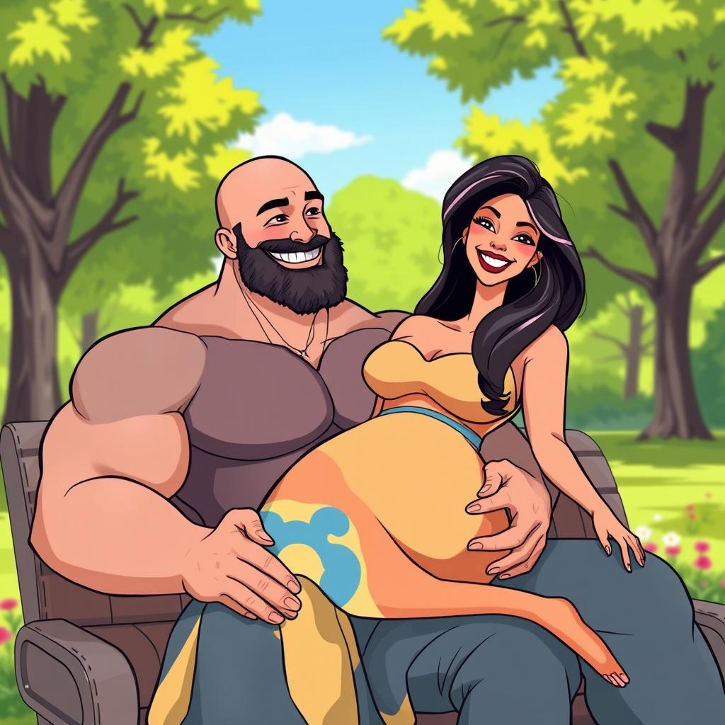 A muscular bald man with a strong build and a neatly trimmed beard is sitting comfortably with a curvy woman on his lap