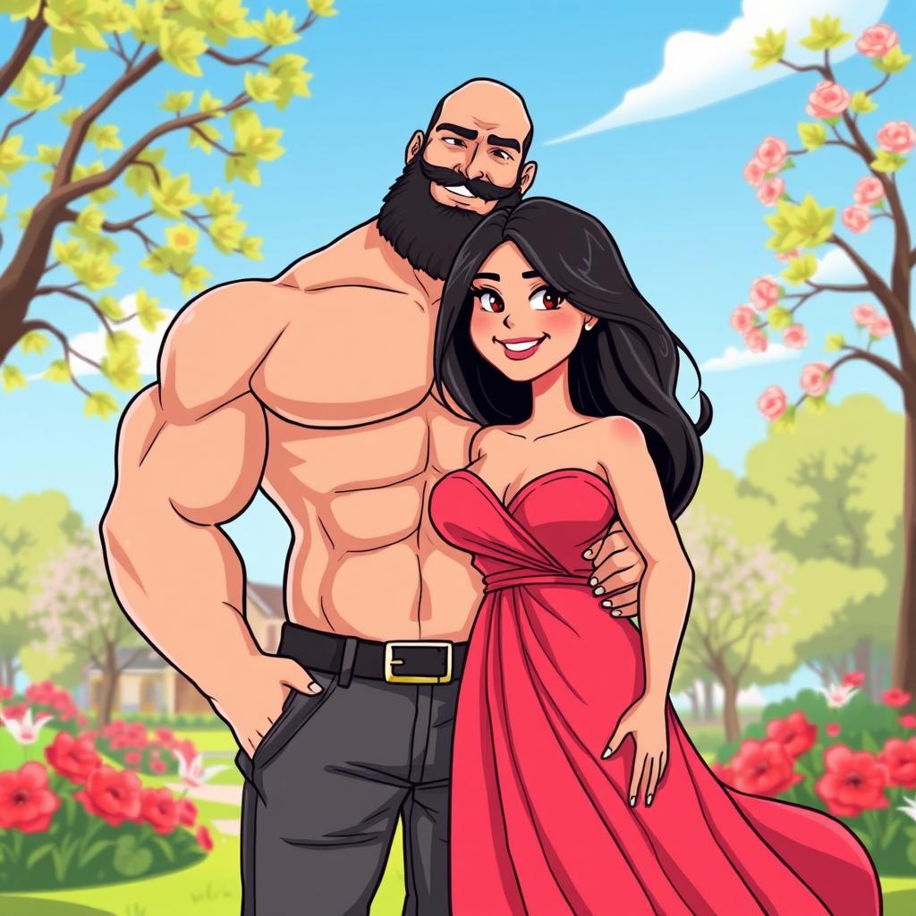 A cartoon-style illustration featuring a muscular bald man with a thick beard, showcasing his strong physique