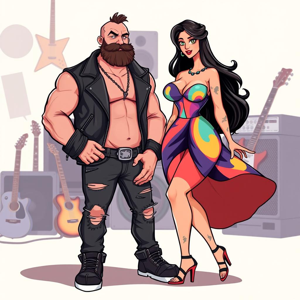 A muscular bald man with a thick beard, dressed in rock style wearing black leather jacket, ripped jeans, and heavy boots, standing confidently