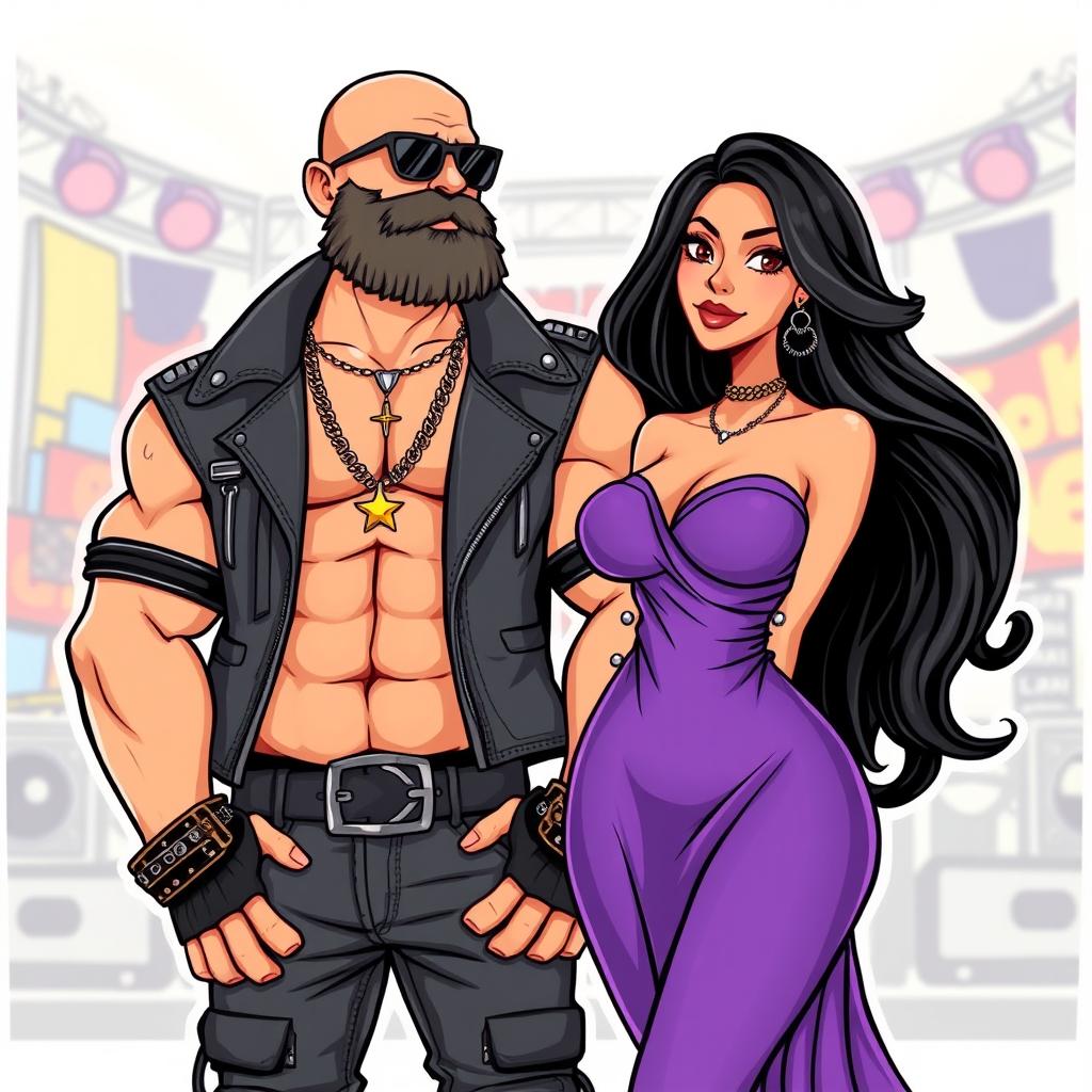 A colorful cartoon-style illustration of a muscular bald man with a thick beard, dressed in rock style attire featuring a leather jacket, rugged jeans, and cool accessories like chains and sunglasses