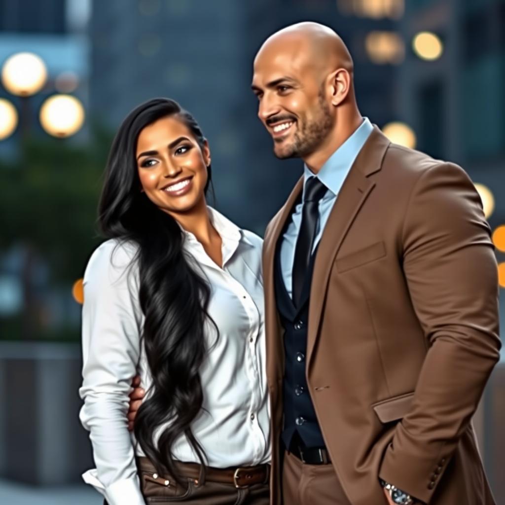 A muscular bald man dressed in smart, tailored clothes stands confidently next to a stylishly dressed curvy woman