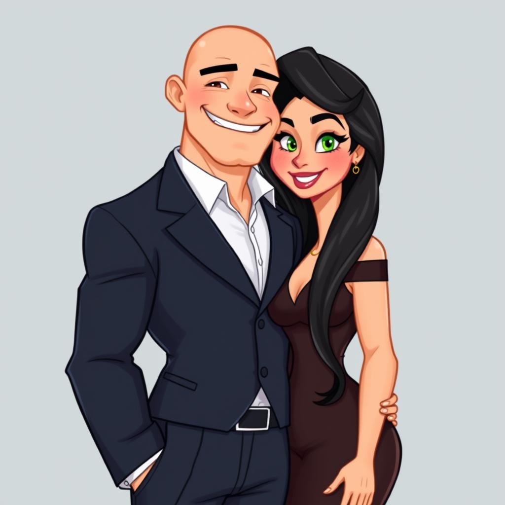 A muscular bald man dressed in stylish, smart clothes stands confidently next to his partner, a curvy woman with long black hair and striking green eyes